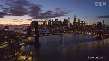 纽约市天际线大楼市中心黄昏日落空中无人驾驶飞机飞行直升机